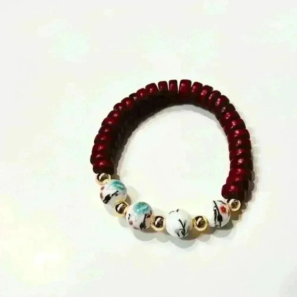 14K Gold-Filled Bracelet w/ Printed Glass Beads and Wooden Spacers - Picture 1 of 2